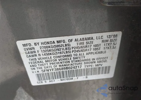 2009 Honda Pilot Ex-L z USA, uszkodzony, nr VIN 5FNYF38689B024217